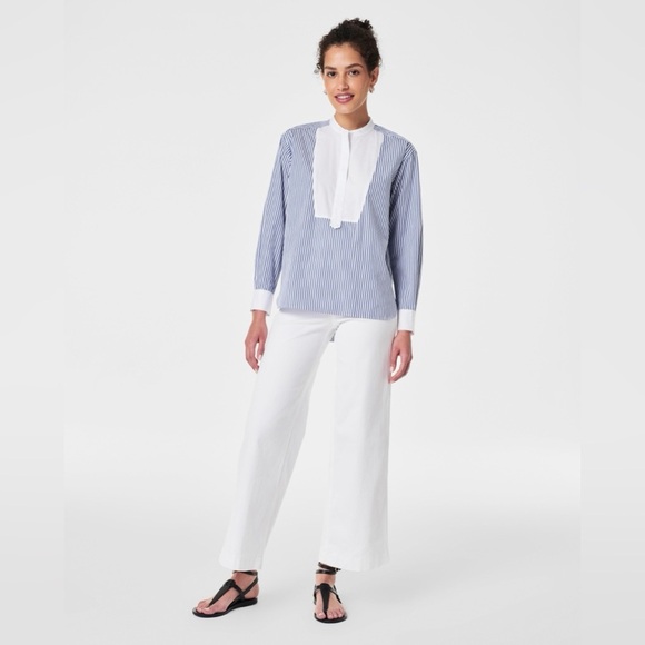 SPANX Poplin Tuxedo Shirt XL Blue White Stripe Long Sleeve High-Low Hem nautical - Picture 3 of 12